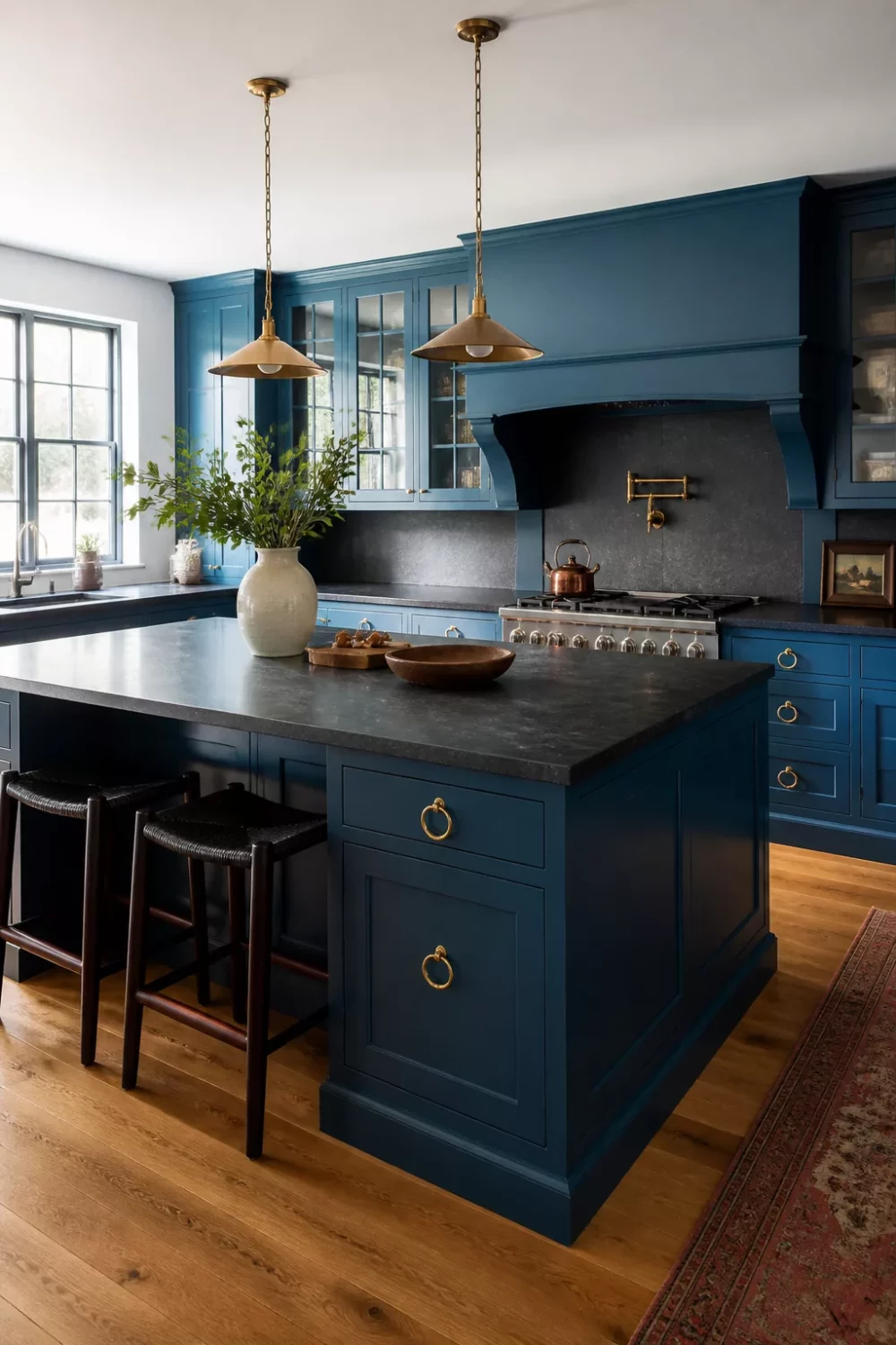 Blue kitchen cabinets with gold hardware, soapstone counters, brass ring pulls, and teal cabinetry with aged-brass pendants.