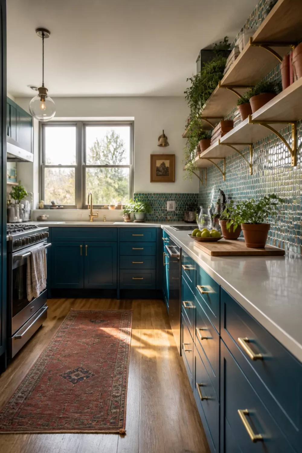 Peacock blue kitchen cabinets with gold brass hardware, zellige tile backsplash, and open wood shelving with potted plants.