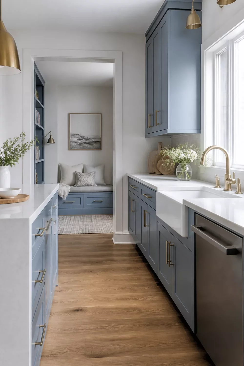 Blue kitchen cabinets with gold hardware, white farmhouse sink, brushed brass faucet, and warm wood floors