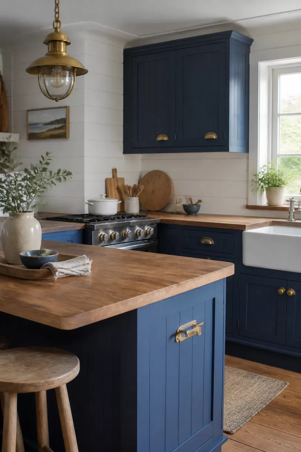Blue kitchen cabinets with gold hardware, beadboard island, butcher block counters, and a brass pendant light.