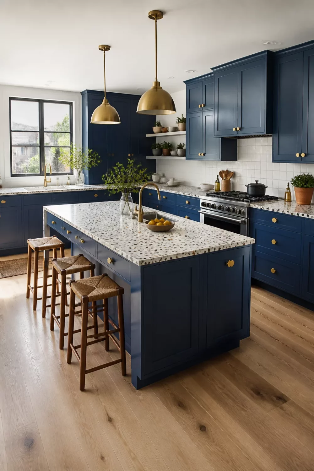 Deep indigo blue kitchen cabinets with gold hardware, terrazzo island countertop, brass pendant lights, and light oak floors.