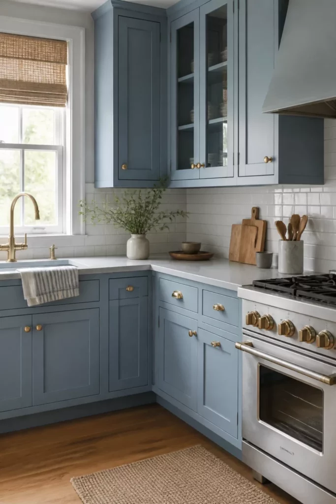 Powder blue shaker kitchen cabinets with gold brass hardware, white subway tile backsplash, and natural wood floors.