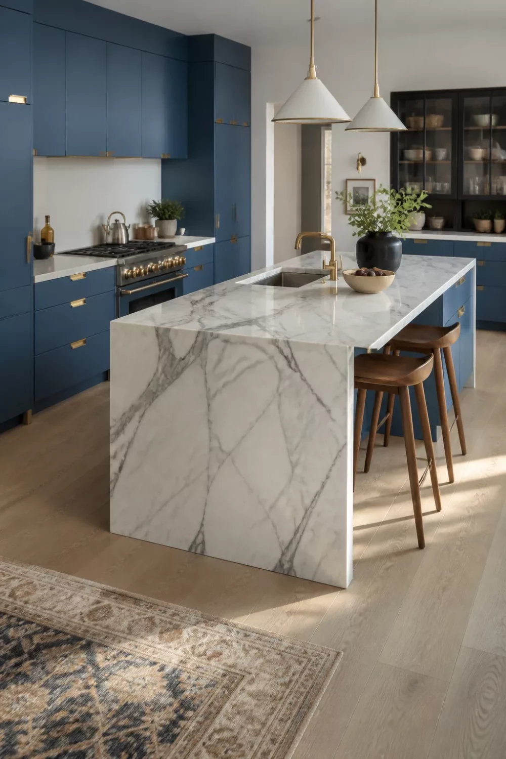 Slate blue kitchen cabinets with gold brass hardware and a white marble waterfall island on light oak floors