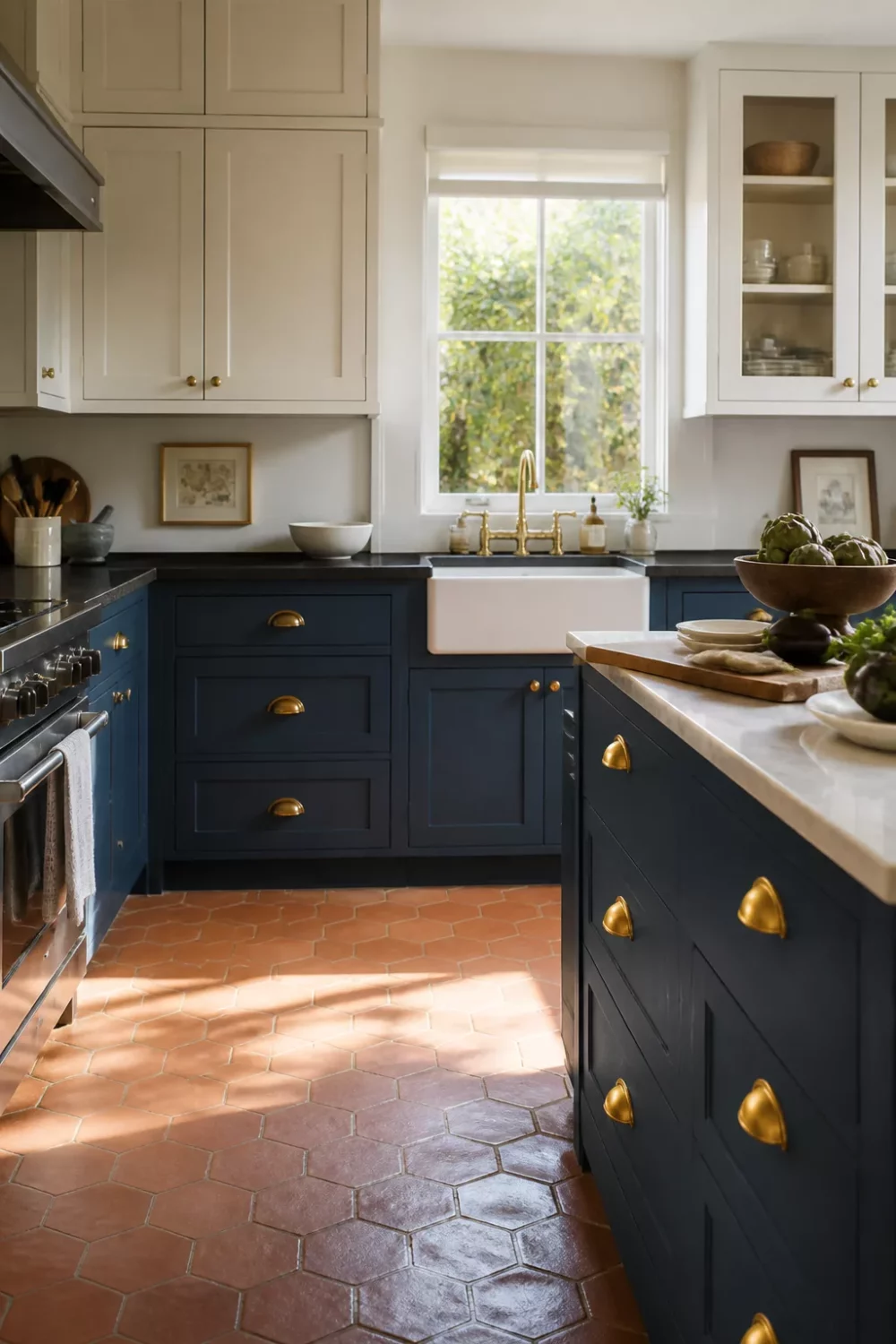 Blue kitchen cabinets with gold hardware, cream uppers, farmhouse sink, and terracotta hex tile floor