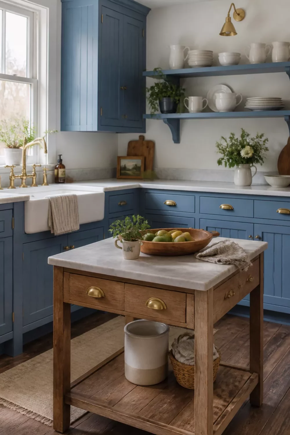 French blue beadboard kitchen cabinets with gold brass cup pulls, farmhouse sink, and wood island — blue kitchen cabinets with gold hardware