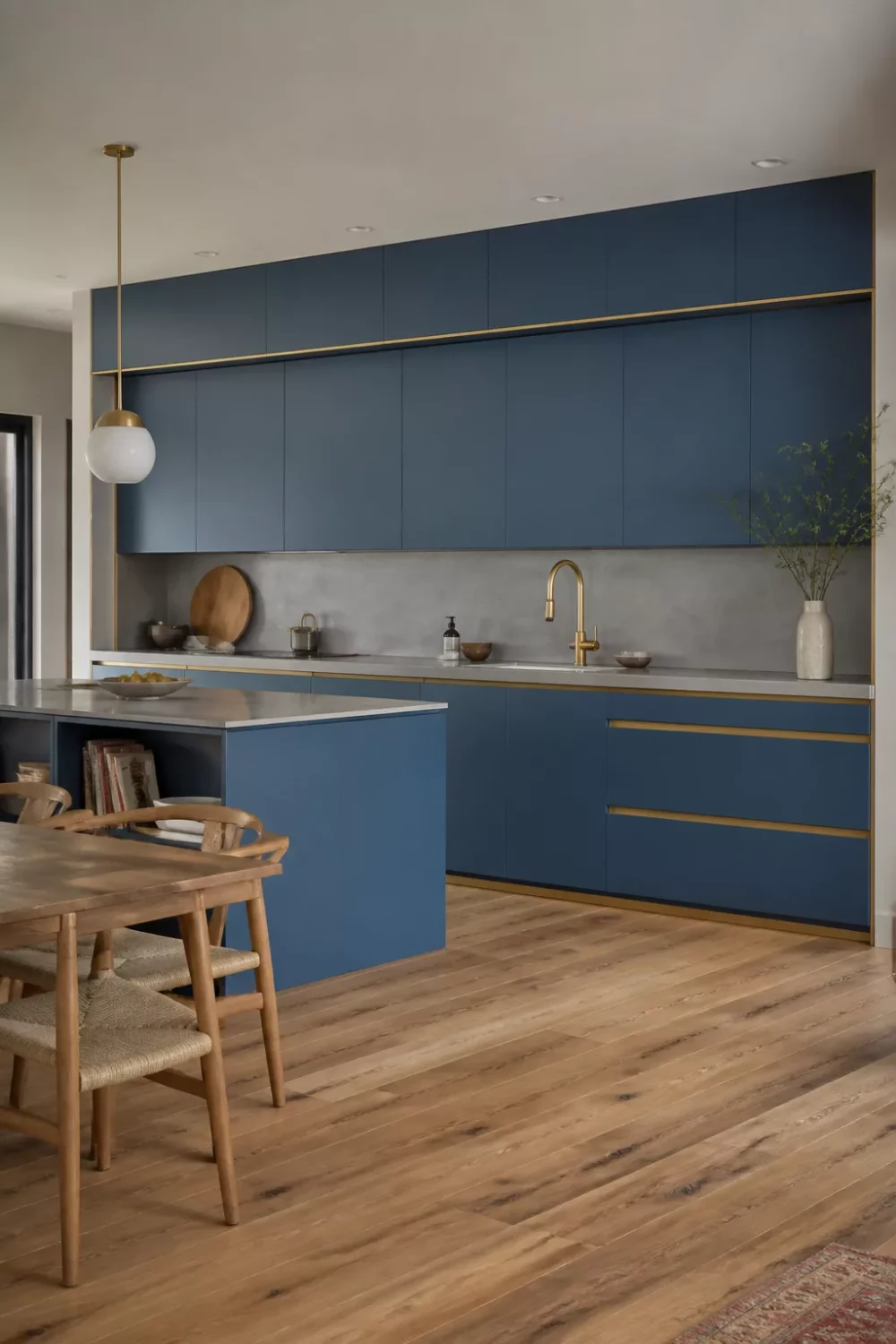 Steel blue kitchen cabinets with gold hardware brass inlay strip flat-front design and concrete backsplash