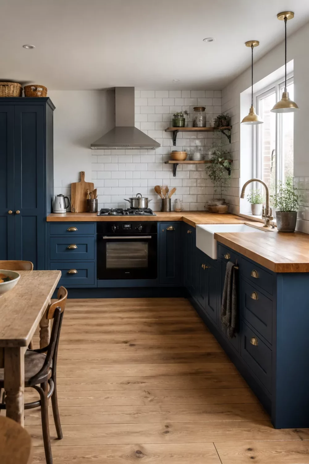 Navy blue kitchen with wood countertops, brass hardware, shaker cabinets, and white subway tile — blue kitchens with wood countertops