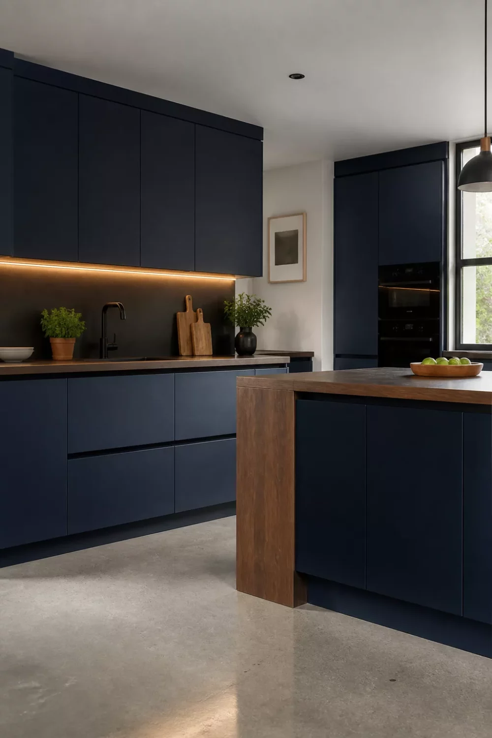Ink blue handleless kitchen with dark walnut wood countertops and concrete floor — blue kitchens with wood countertops