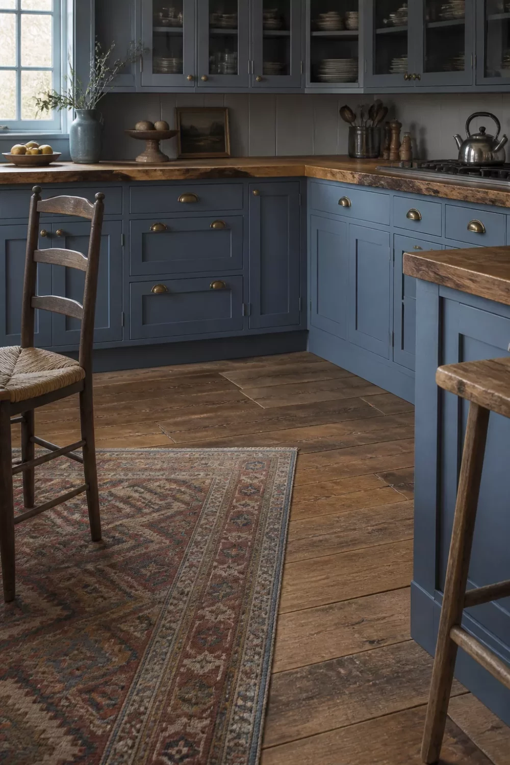Wedgwood blue shaker cabinets with live-edge elm wood countertops and brass hardware — blue kitchens with wood countertops