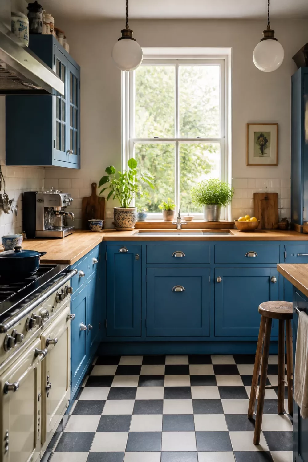 Blue kitchen with wood countertops, checker floor, globe pendants, and fresh herb plants on the windowsill