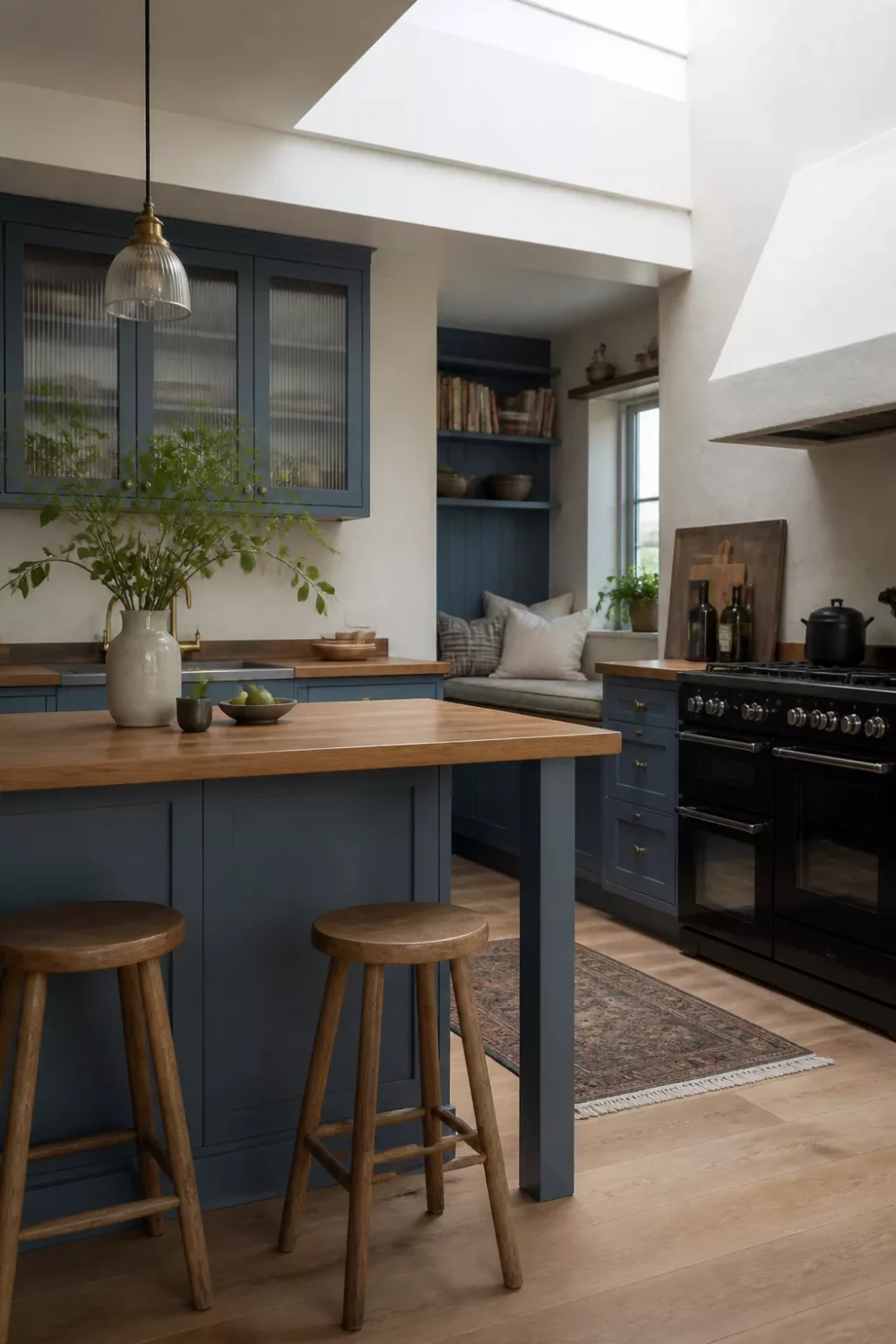 Blue kitchen with wood countertops — indigo blue peninsula cabinets with warm iroko wood top and black range