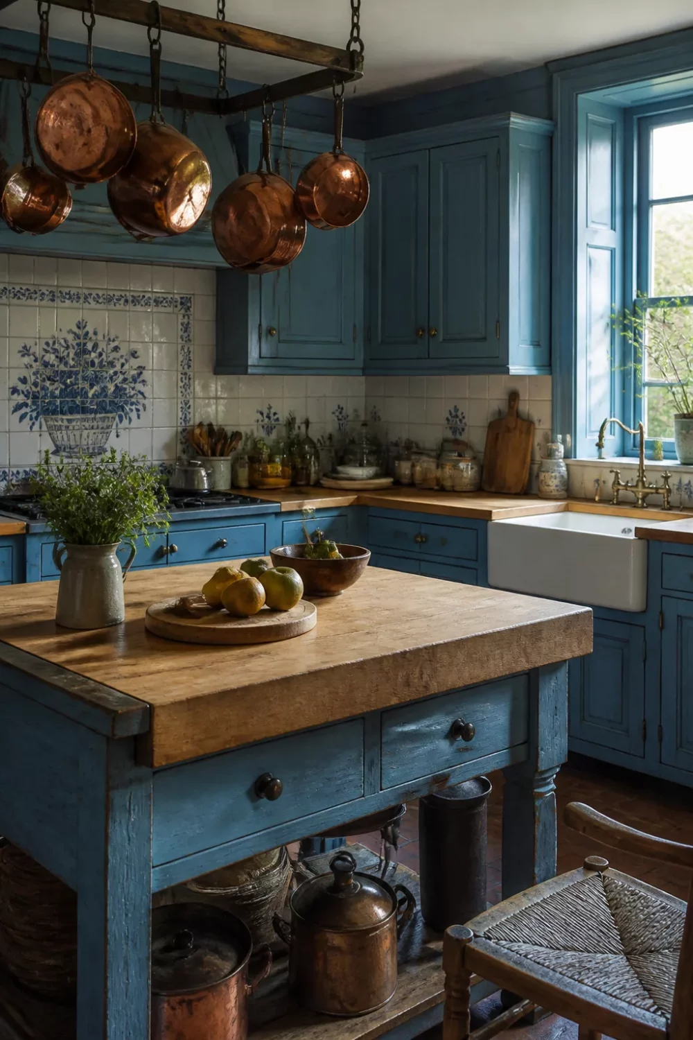 French blue kitchen with wood countertops, Delft tile backsplash, copper pots and thick oak block island