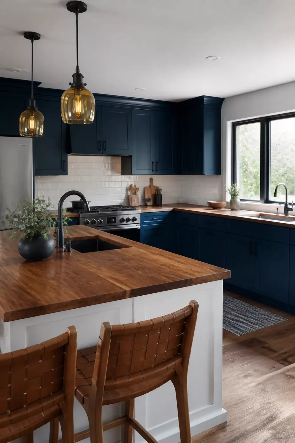Prussian blue kitchen with wood countertops, white island, amber pendants — blue kitchens with wood countertops