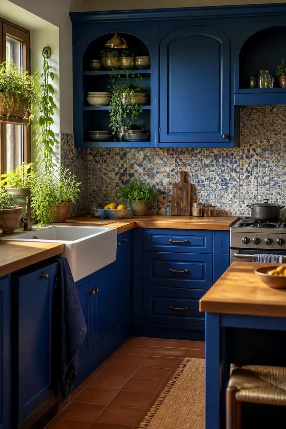 Blue kitchen with wood countertops featuring cerulean cabinets, mosaic tile backsplash, and butcher block counters