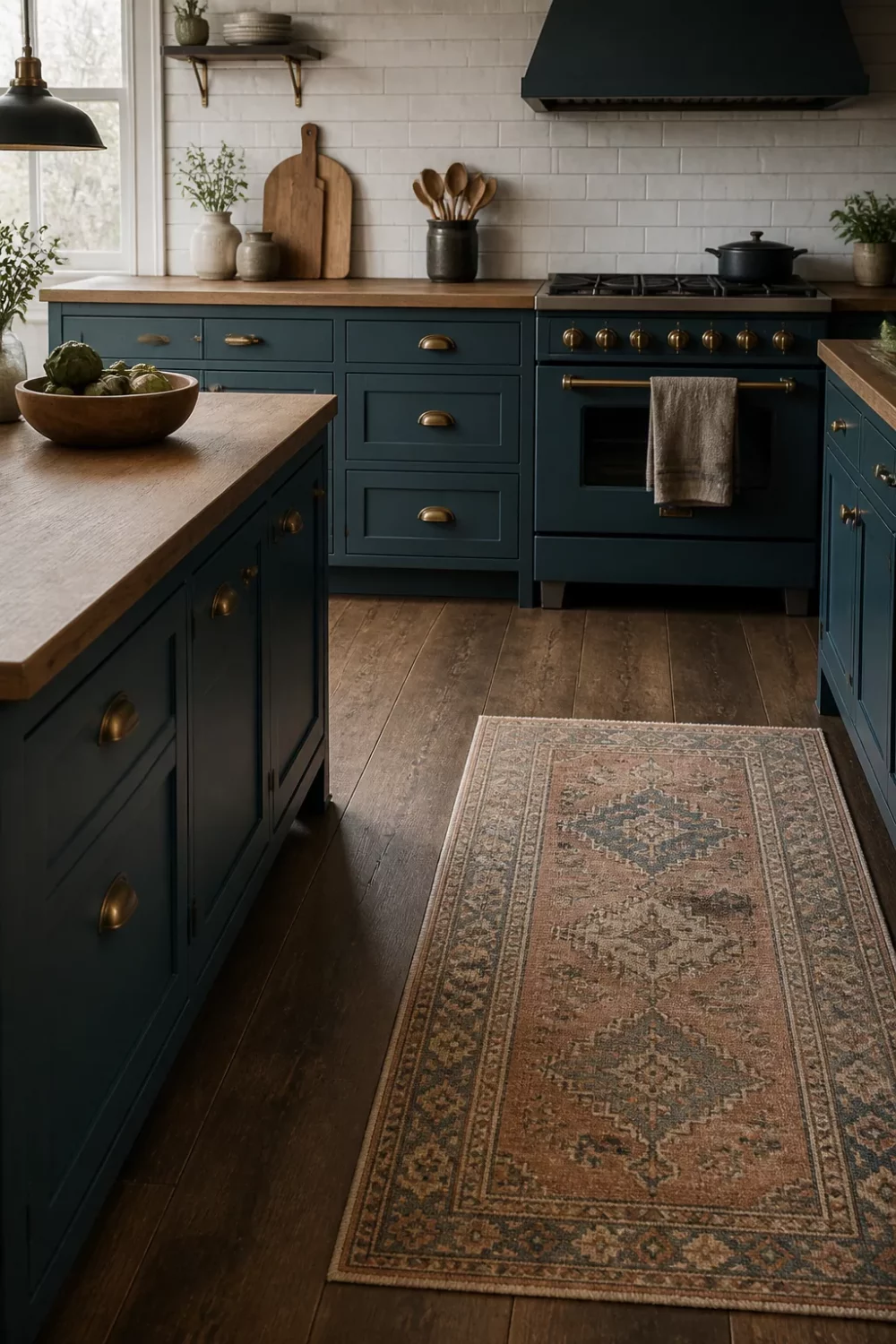 Deep teal blue kitchen with wood countertops, brass hardware, and vintage runner — Blue Kitchens With Wood Countertops