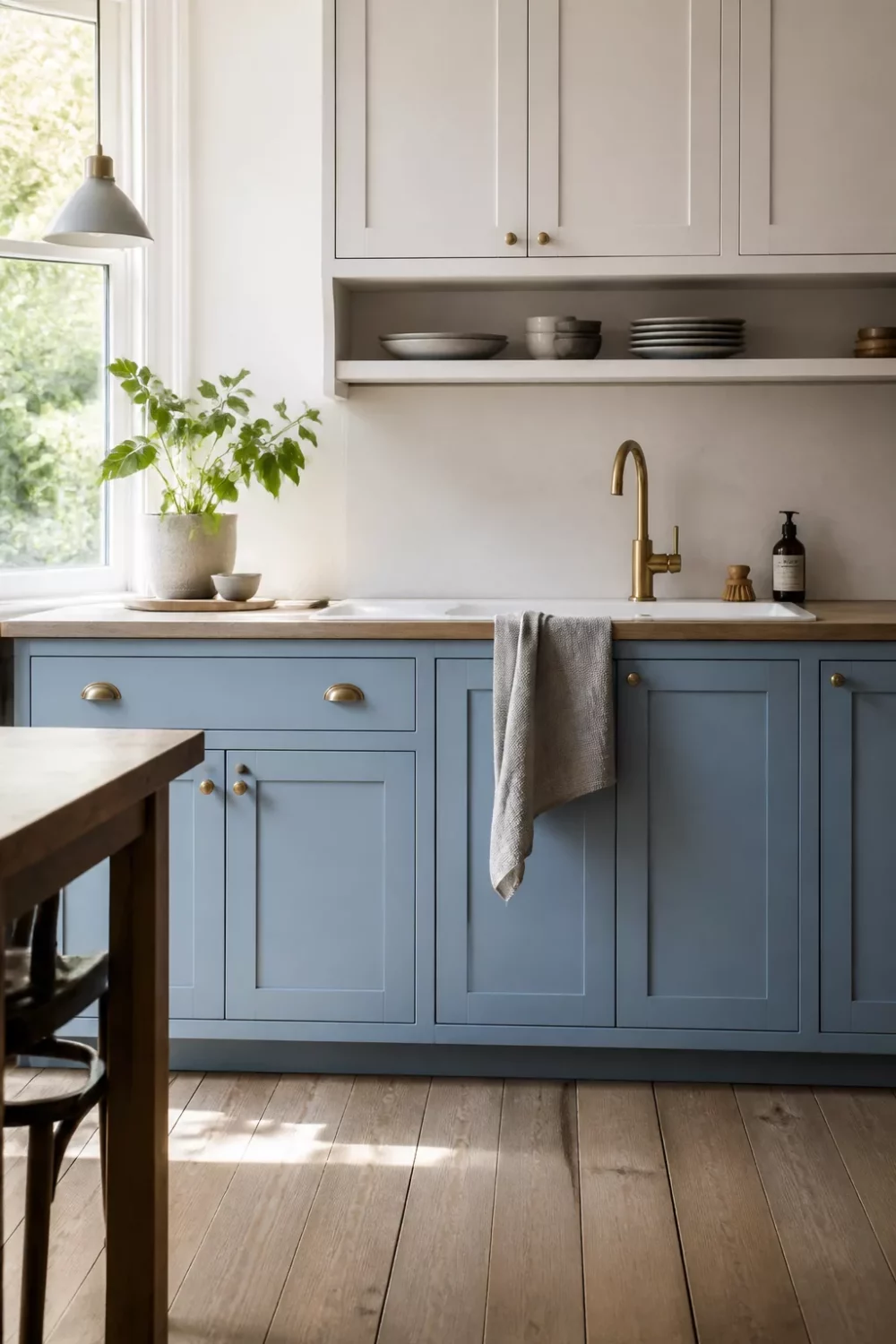 Powder blue lower cabinets with raw oak wood countertops — blue kitchens with wood countertops inspiration