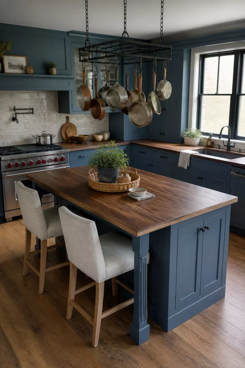 Slate blue kitchen with walnut wood countertops, hanging copper pot rack, and butcher block island — Blue Kitchens With Wood Countertops