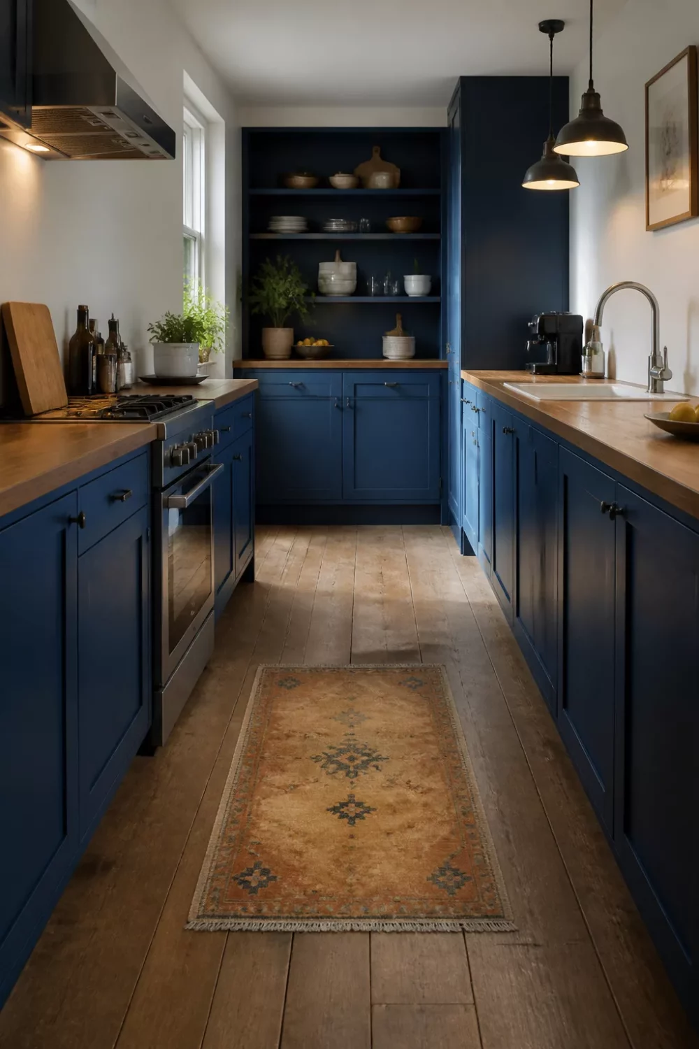 Cobalt blue galley kitchen with warm wood countertops, vintage runner rug and black pendant lights — Blue Kitchens With Wood Countertops