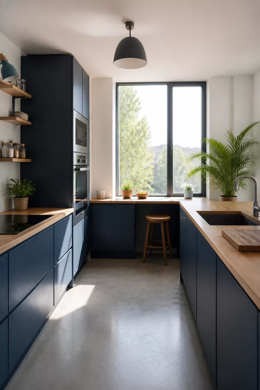 Denim blue flat-front cabinets with warm butcher block countertops — blue kitchens with wood countertops idea