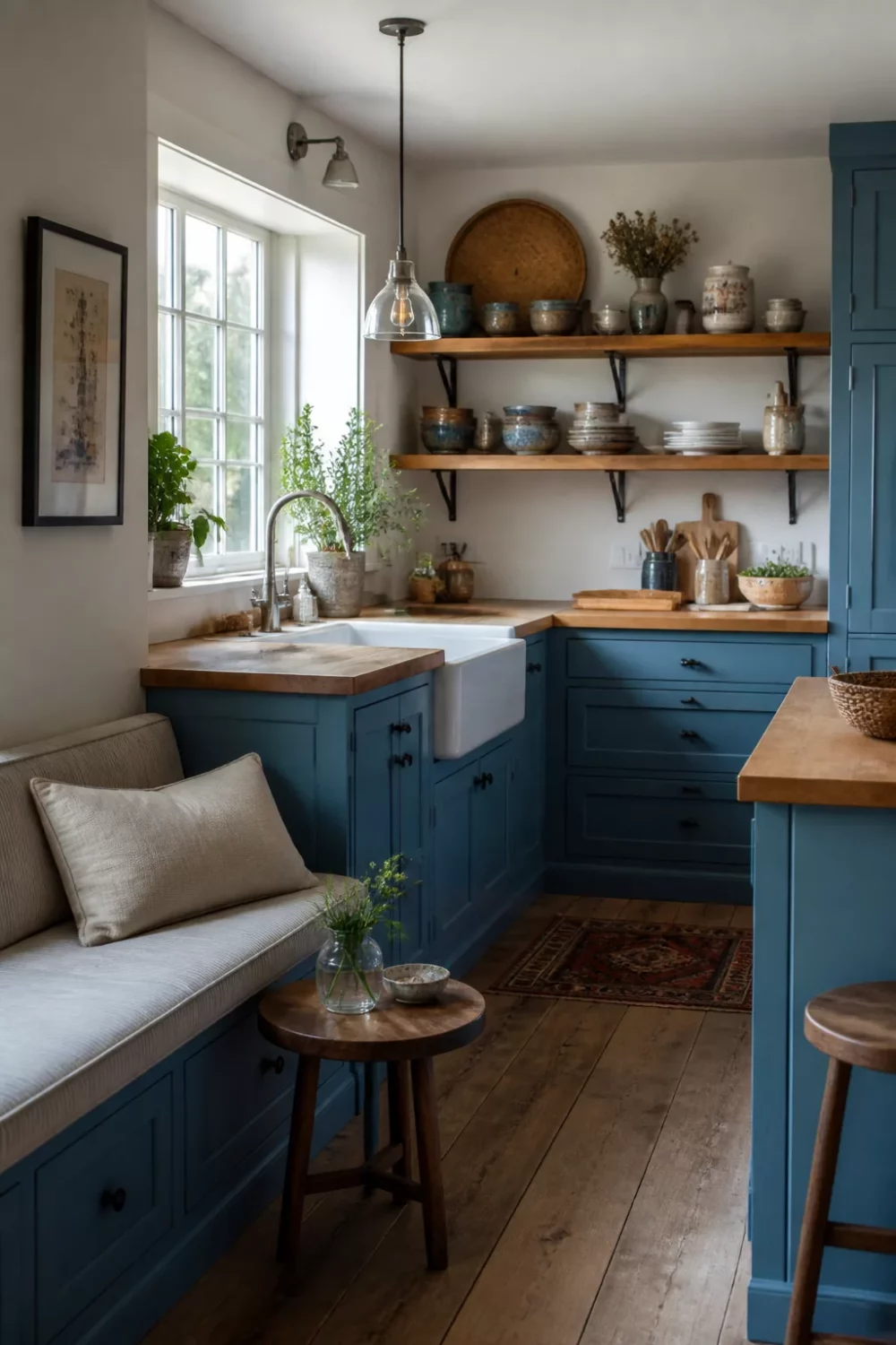 Duck egg blue farmhouse kitchen with pine wood countertops, open shelving, and built-in bench seating