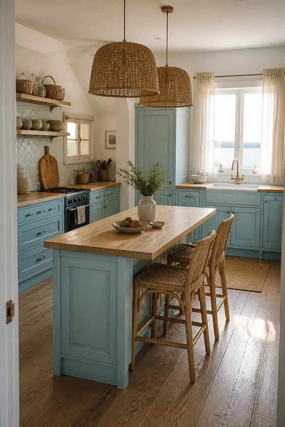 Pale blue kitchen with wood butcher block countertops, wicker pendants, and rattan bar stools — blue kitchens with wood countertops
