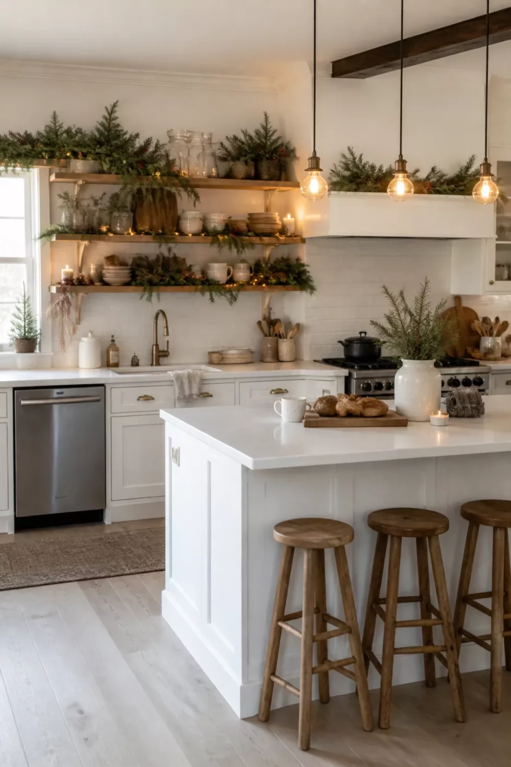 Christmas kitchen ideas with fresh evergreen garland draped on open wooden shelves, Edison pendants, and white cabinets