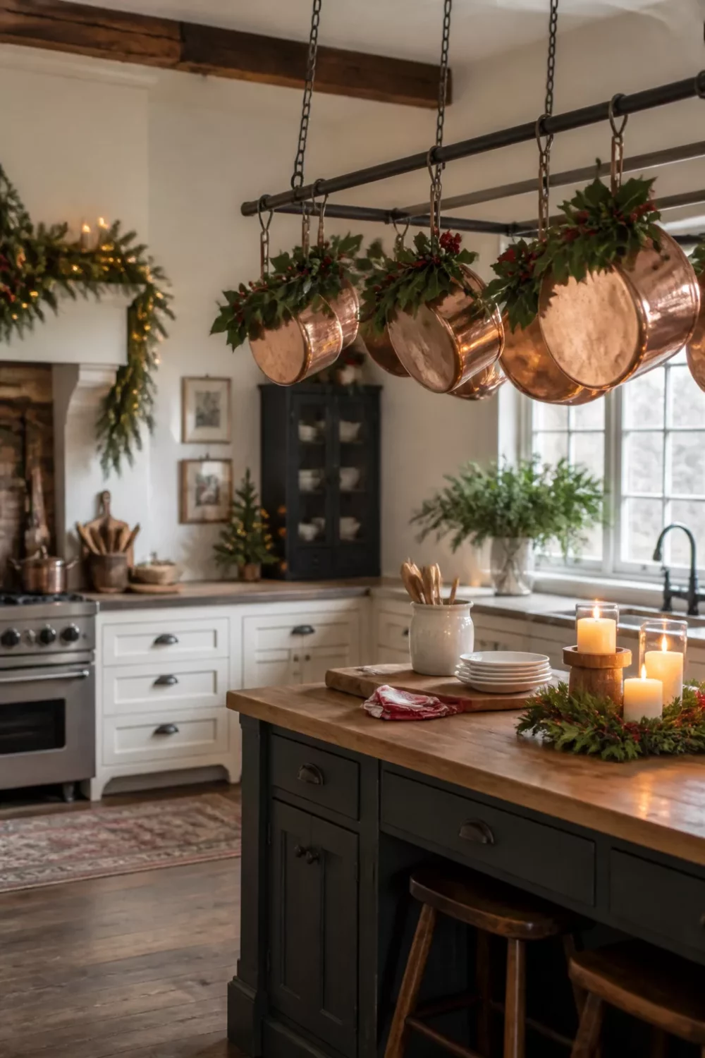 Copper pots with holly sprigs on a hanging rack — Christmas kitchen ideas with farmhouse style decor