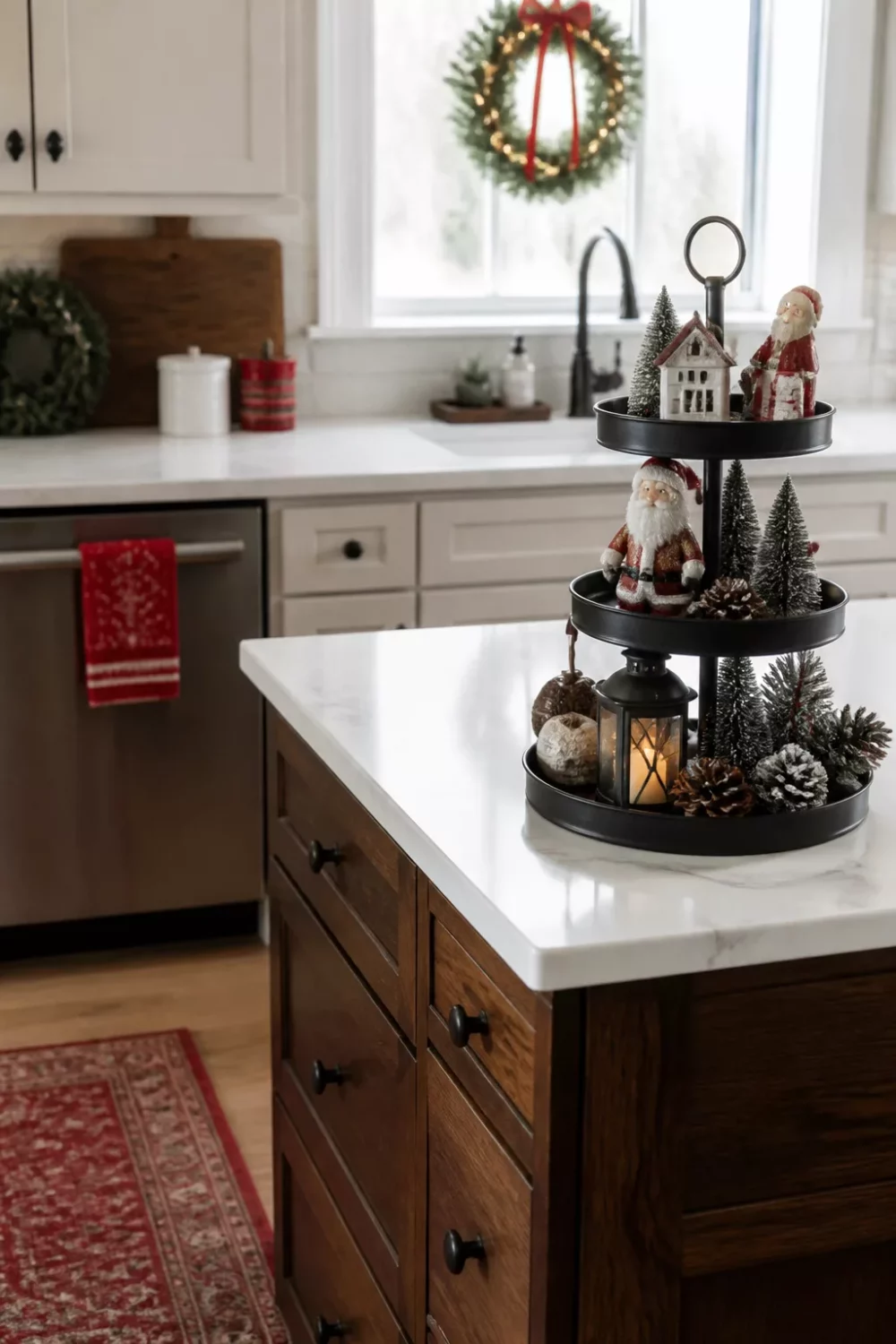 Christmas kitchen ideas with a black tiered tray styled with Santa figurines, bottle brush trees, and a lantern on a marble island