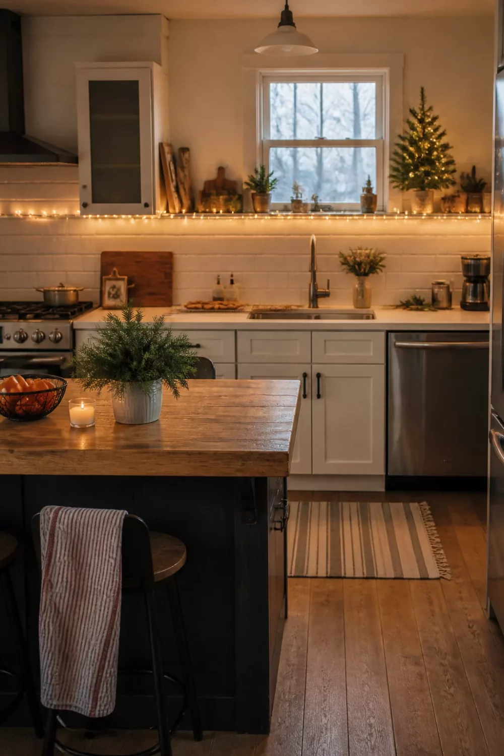 Christmas kitchen ideas with warm white string lights along a white subway tile backsplash and holiday decor