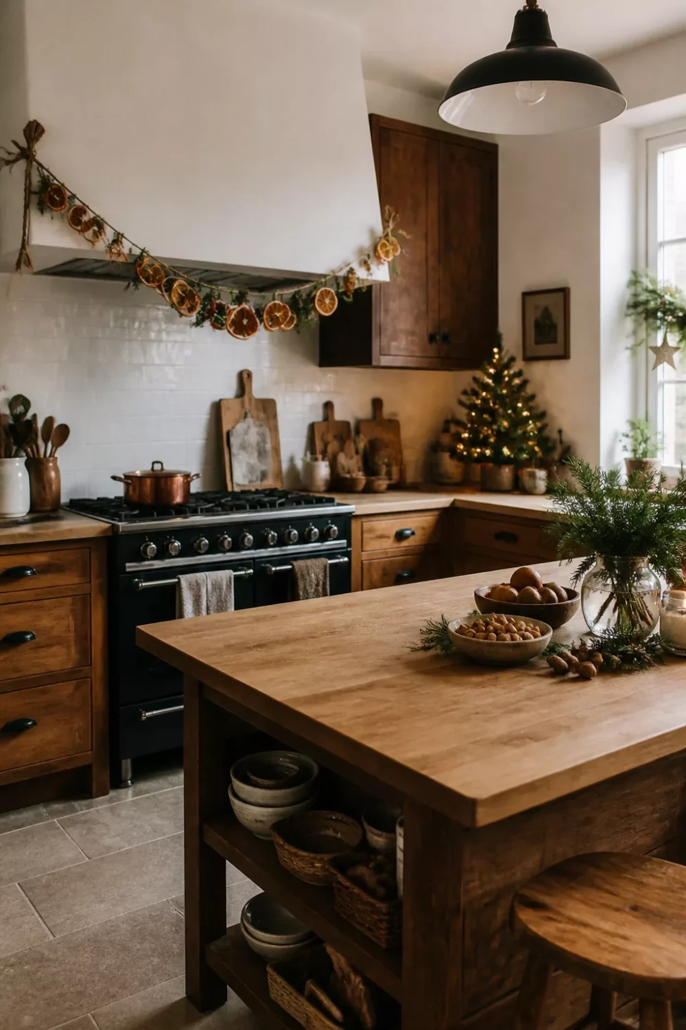 Dried orange slice garland above a black range in a rustic Christmas kitchen — cozy festive decor ideas