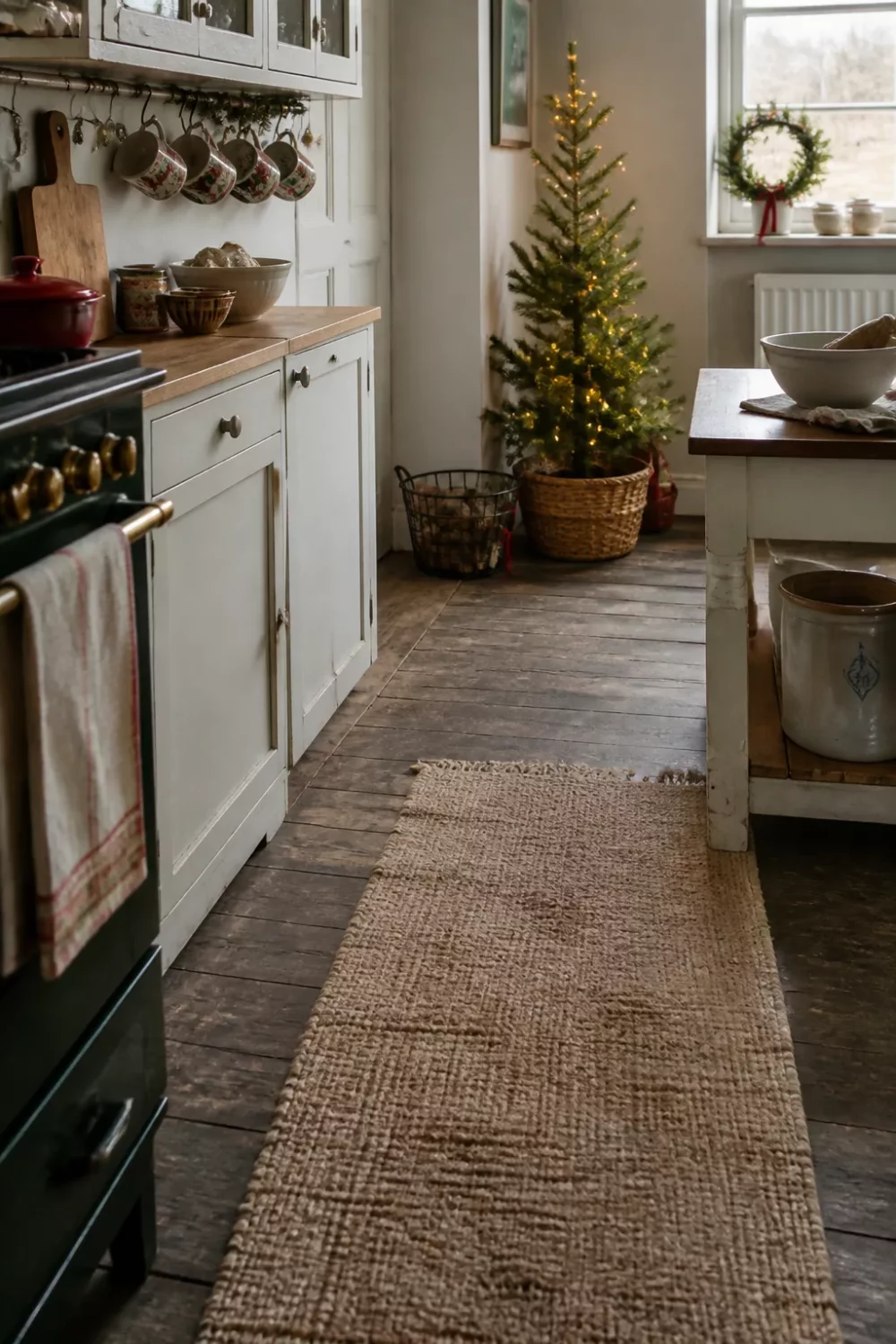 Vintage mugs on hanging hook rail above white cabinets in a cozy Christmas kitchen — Christmas kitchen ideas