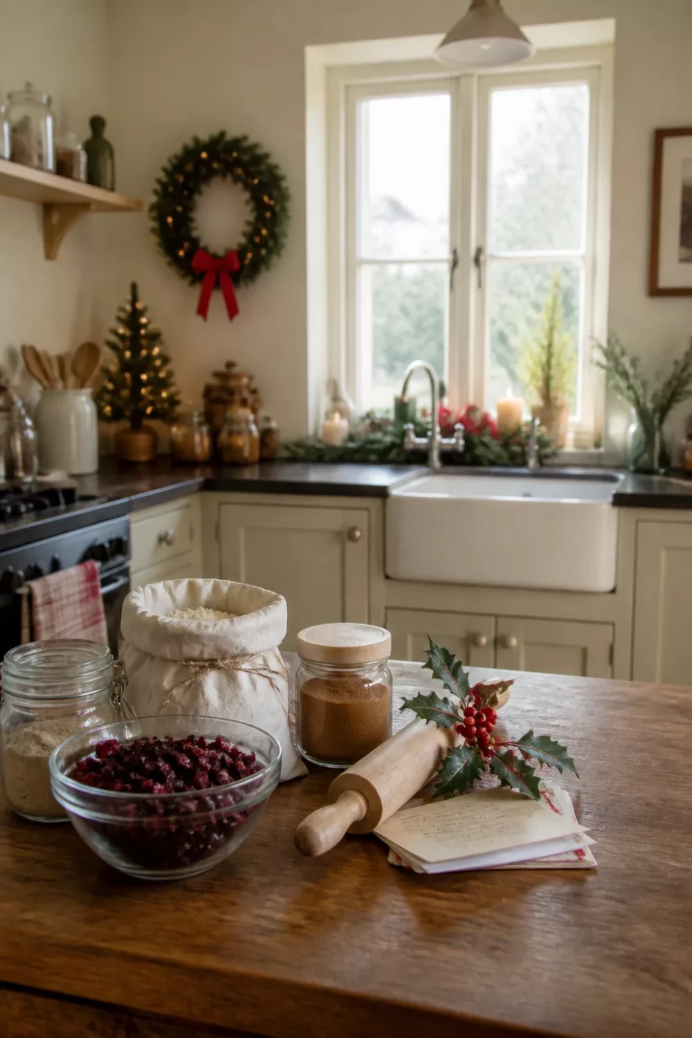 Christmas kitchen ideas with cranberries, flour sack, rolling pin, and sage green cabinets with farmhouse sink