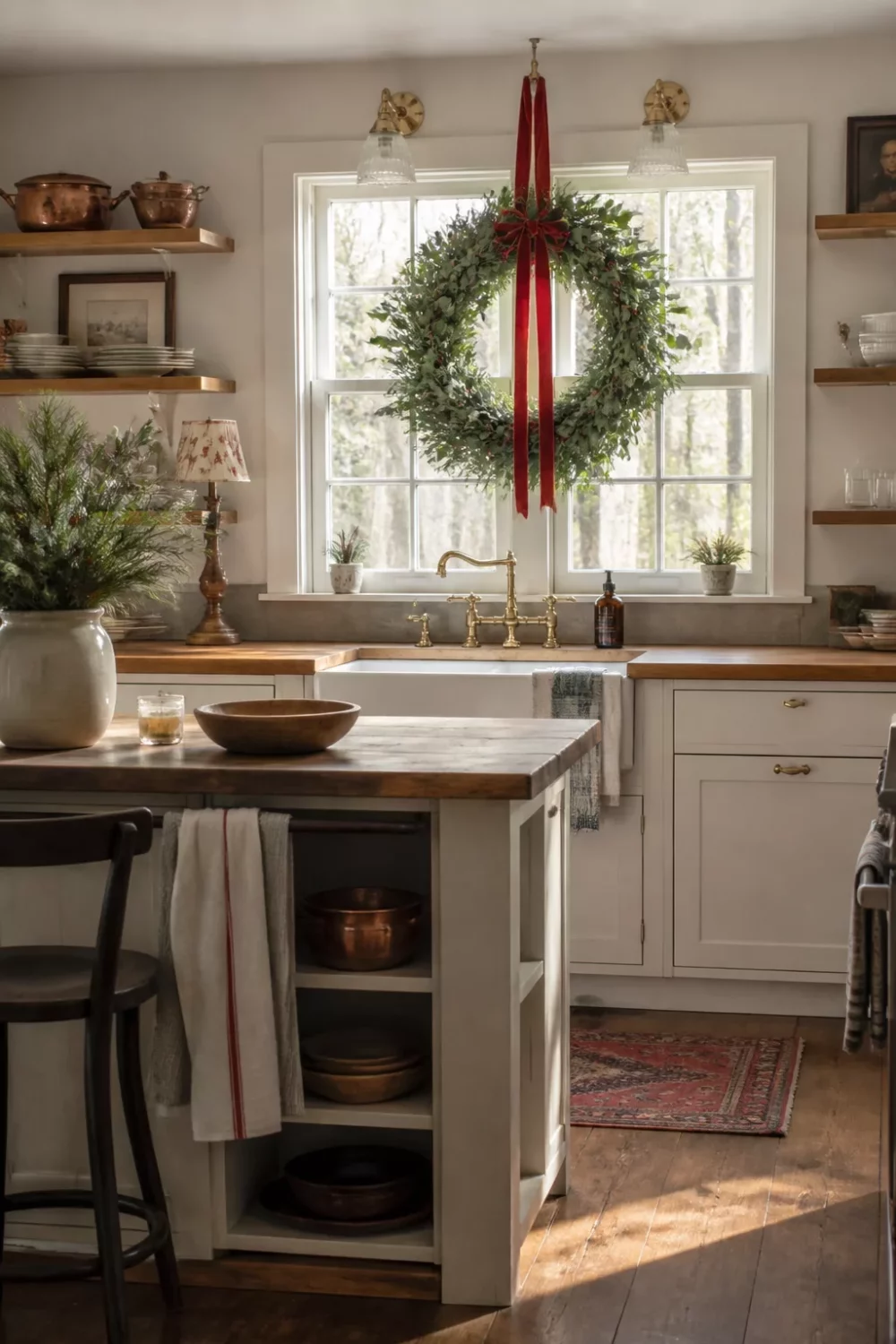 Christmas kitchen ideas with eucalyptus wreath and red ribbon hung above a farmhouse sink window