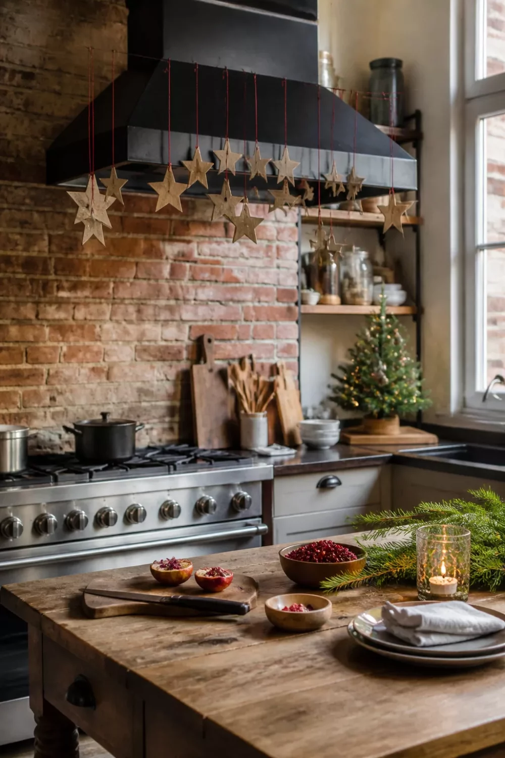 Christmas kitchen ideas with kraft paper star ornaments hung from a black range hood over a stainless steel range