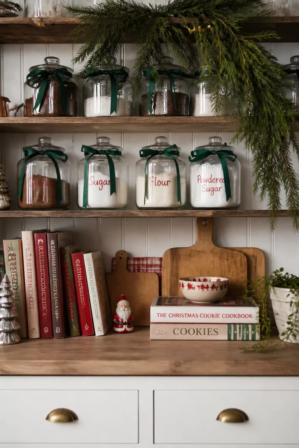 Christmas kitchen ideas: labeled glass canisters with green velvet bows on rustic wood shelves with holiday decor