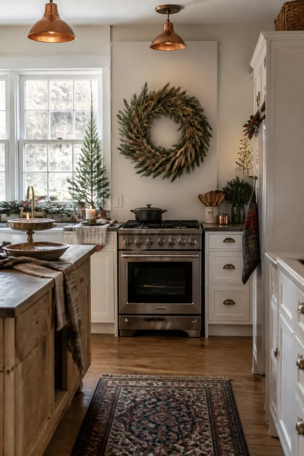 Dried herb wreath above stainless range with copper pendants — Christmas kitchen ideas with natural festive decor
