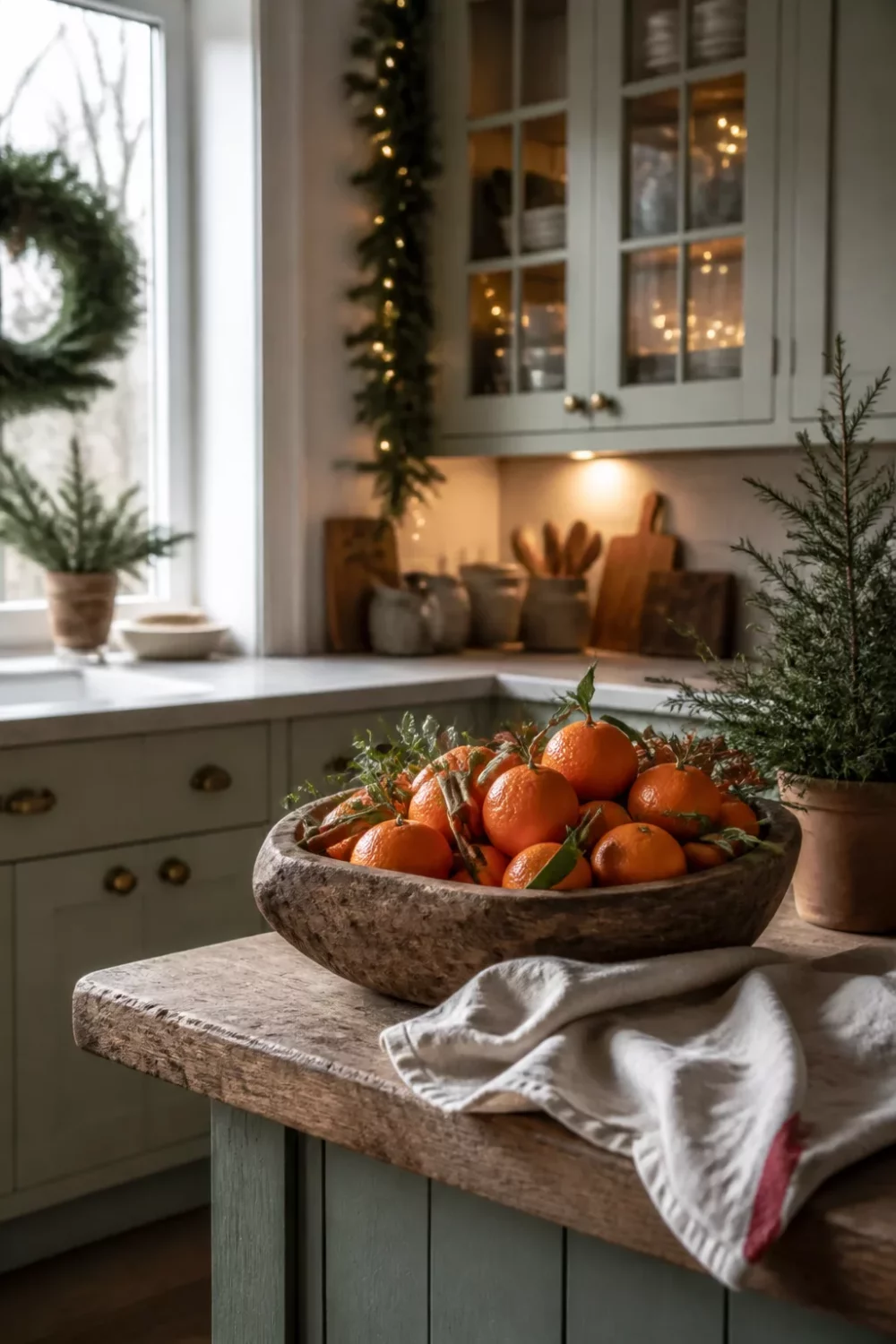 Rustic dough bowl with clementines and greenery on a kitchen island — Christmas kitchen ideas with sage green cabinets