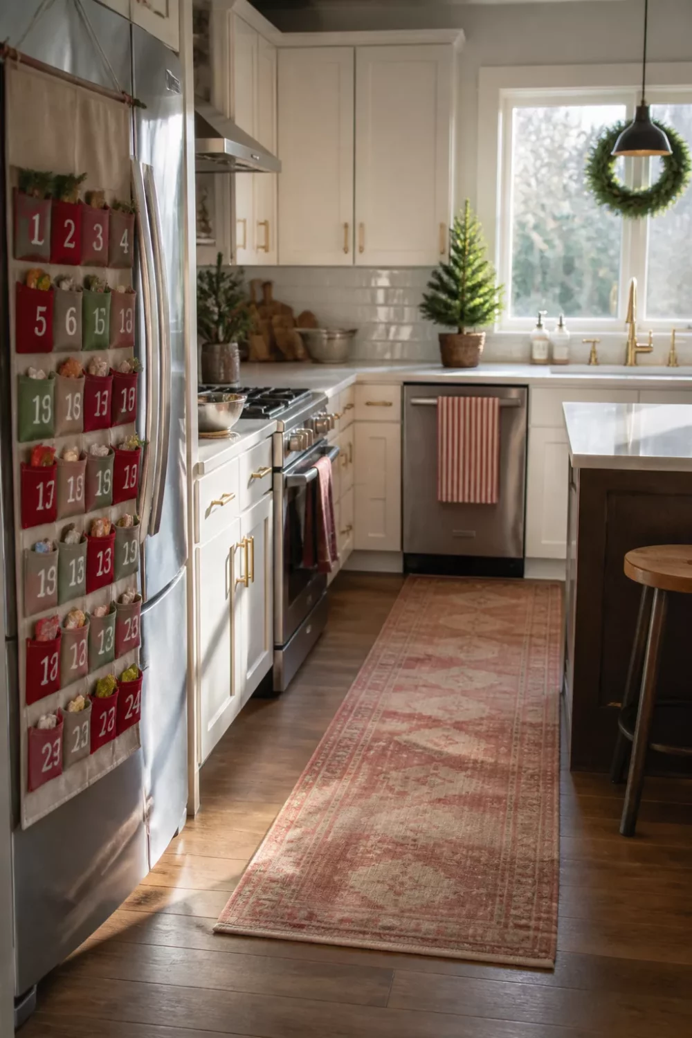 Fabric advent calendar hung on stainless fridge in a white Christmas kitchen with runner rug and mini tree