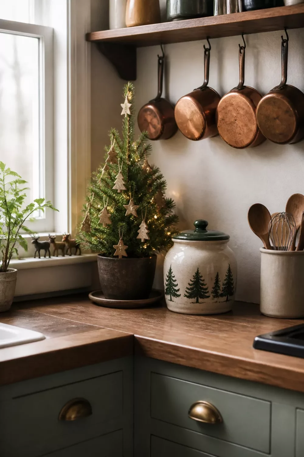 Mini potted Christmas tree with fairy lights on a wood counter — Christmas kitchen ideas with copper pans and sage cabinets