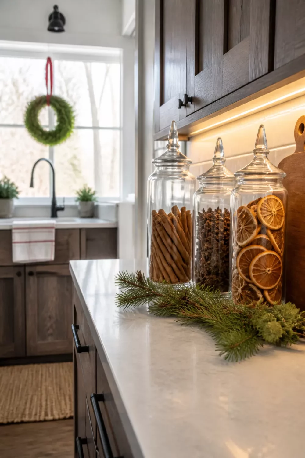 Christmas kitchen ideas with spice-filled glass apothecary jars, cinnamon sticks, star anise, and pine sprigs on a white counter