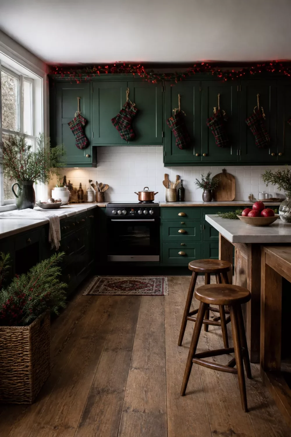 Christmas kitchen ideas with plaid stockings hung from dark green cabinet handles and red berry garland
