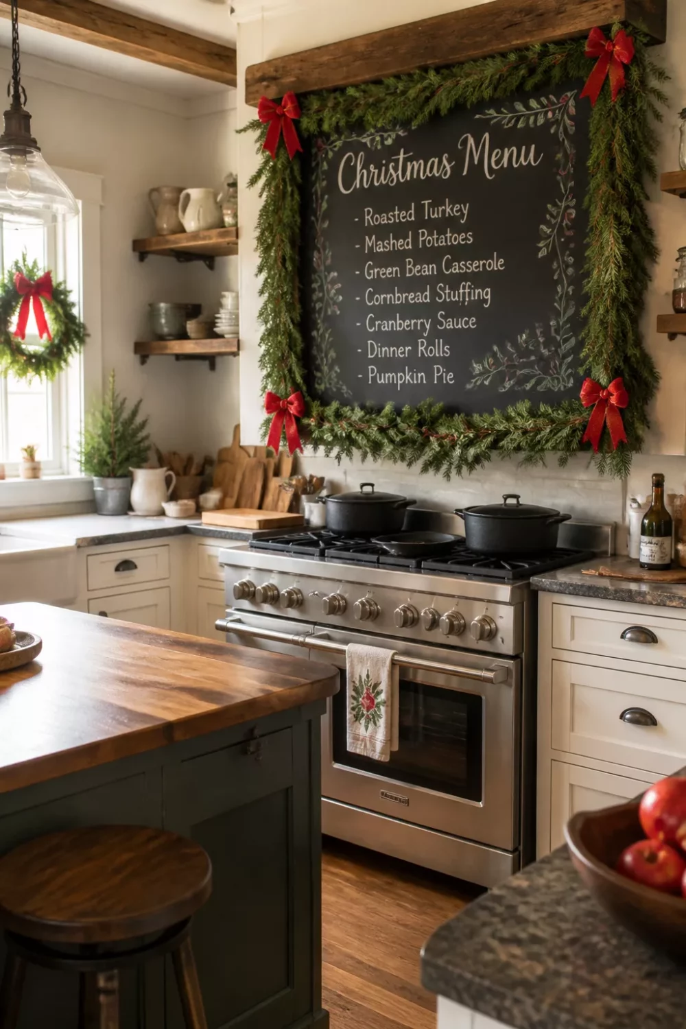 Christmas kitchen ideas: chalkboard holiday menu framed with pine garland and red bows above a stainless range