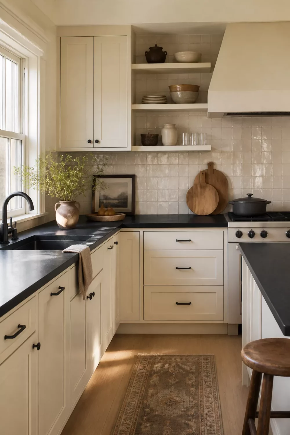Cream kitchen with black countertops, ivory shaker cabinets, matte black square pulls, open shelves, and a vintage runner rug