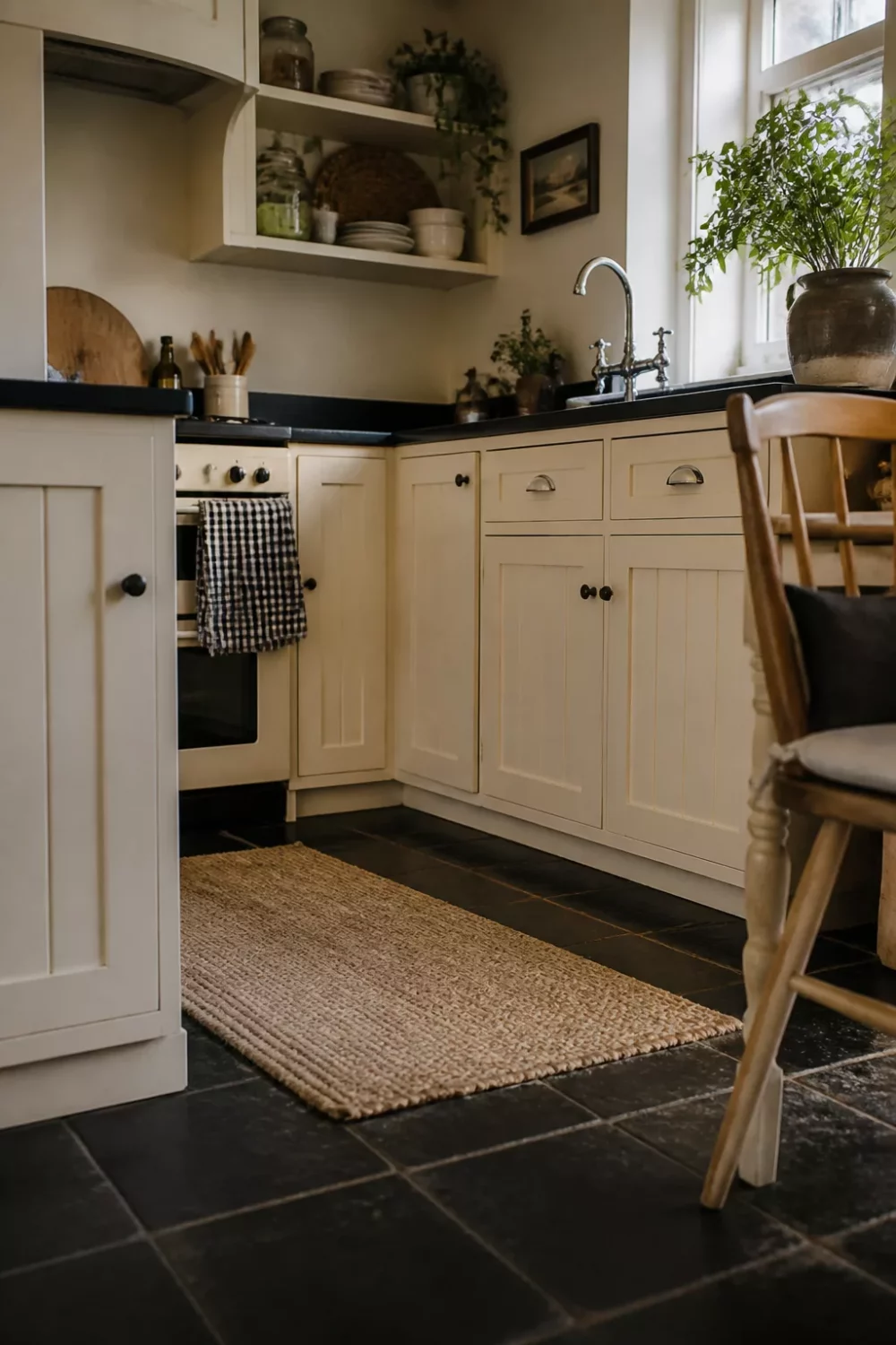Cream kitchen with black countertops, dark slate floor tiles, jute rug, and cream painted cabinets with black knobs