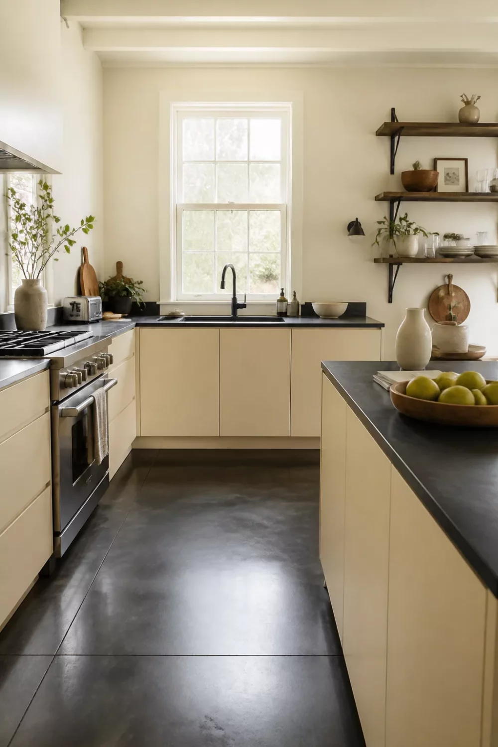 Cream kitchen with black concrete countertops, flatfront cabinets, open walnut shelving, and polished concrete floors