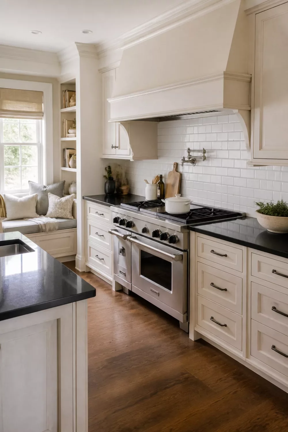 Cream kitchen with black countertops featuring a custom range hood, built-in banquette, and dark hardware