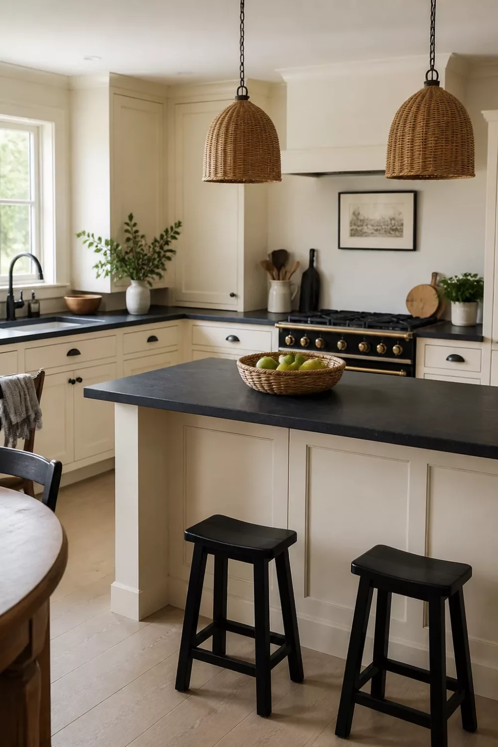 Cream kitchen with black countertops featuring wicker dome pendants, matte black island top, and black saddle stools