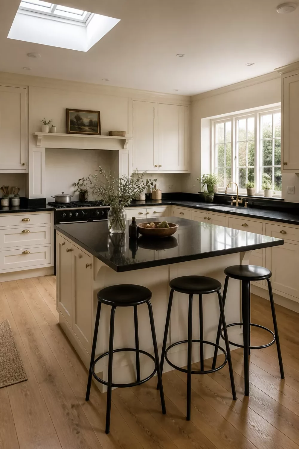 Cream kitchen with black countertops featuring a granite island overhang, skylight, and black breakfast bar stools