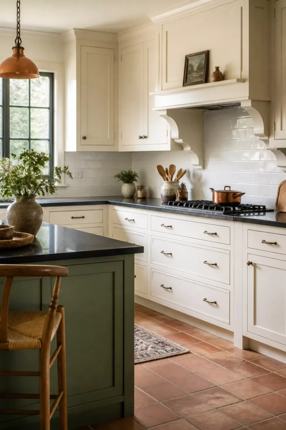 Cream kitchen with black countertops, sage green island, terracotta tile floor, and copper pendant light