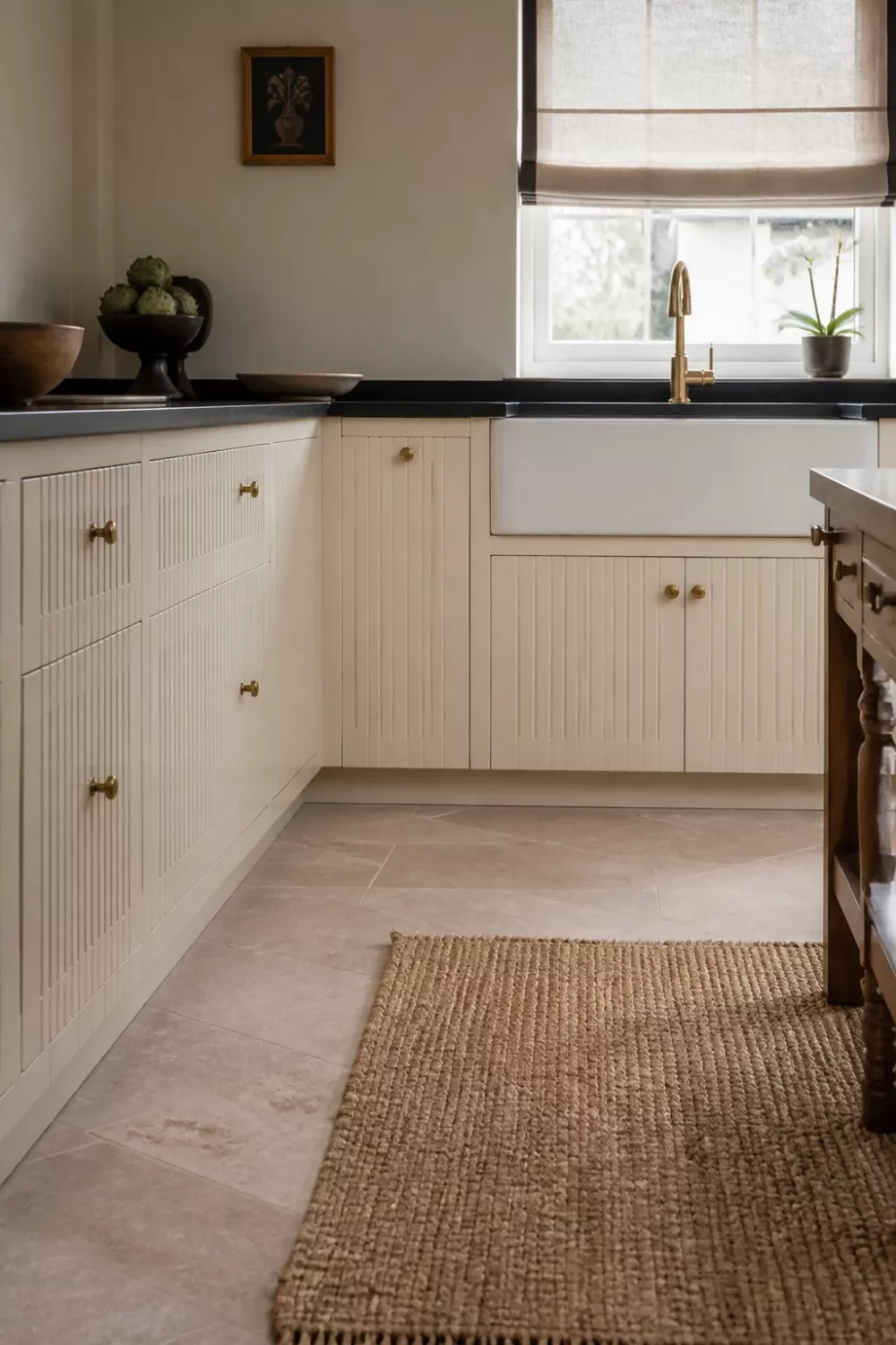 Cream kitchen with black countertops featuring fluted cabinet fronts, brass hardware, apron sink, and limestone floor tiles.